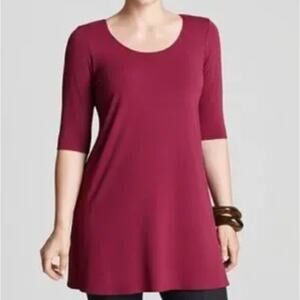 Eileen Fisher Sz S Elbow Short Sleeve Jersey Tunic Top Maroon Red Scoop Neck